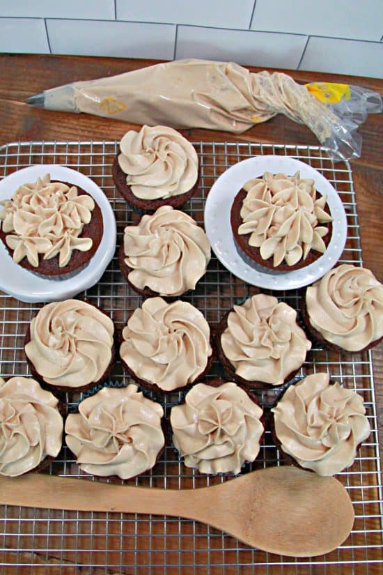 An espresso flavored frosting on chocolate cupcakes and in the piping bag.