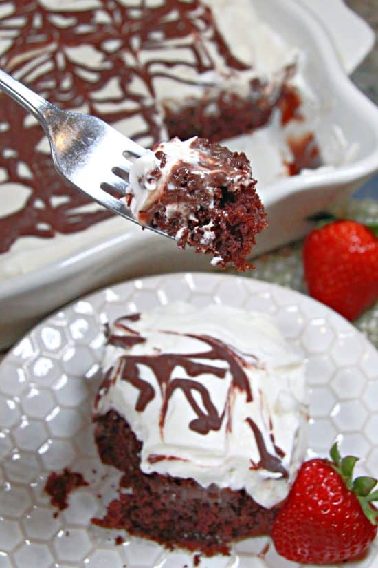 Every bite has rich chocolate cake, gooey mocha syrup, and whipped cream topping with ganache.