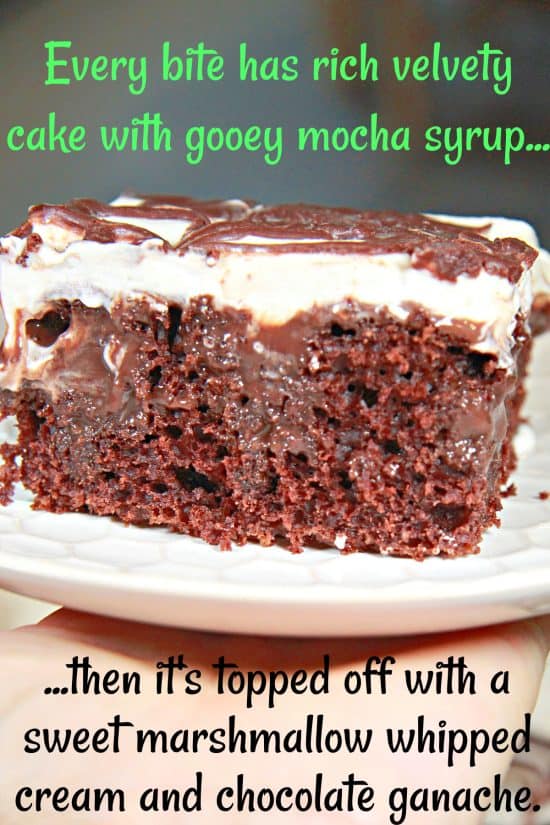 Chocolate Marshmallow Poke Cake has gooey mocha syrup between bites of rich chocolaty cake topped with a sweet whipped cream topping.