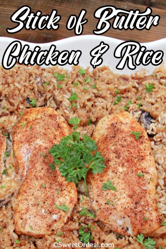 Perfectly seasoned breast meat resting on top of flavorful, buttery long grain rice.