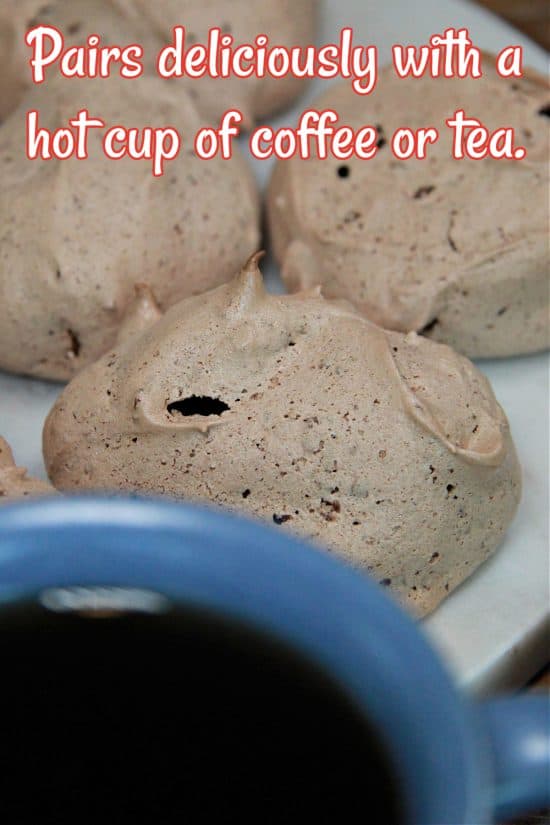 Mocha Meringue Cookies are made with egg whites and cocoa powder for a flour-free cookie.