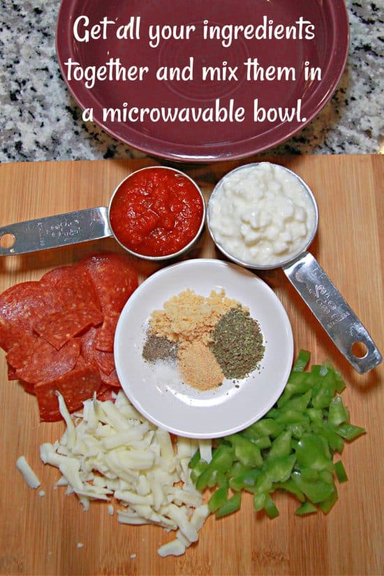 Pepperoni, bell pepper, cottage cheese, pizza sauce, and seasonings for a delicious low-carb meal.