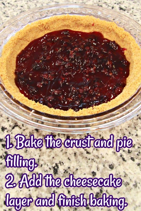Lemon Blueberry Pie features blueberry pie filling underneath a lemon cheesecake layer.