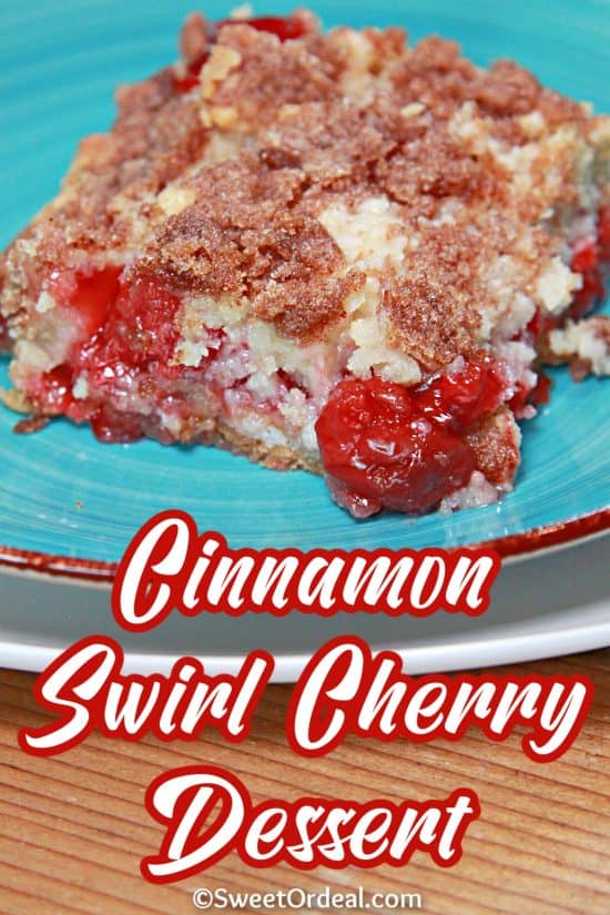 Cinnamon Swirl Cherry Dessert has delicious gingersnap cookies as a crust, with pie filling and a cake mix to finish it off.