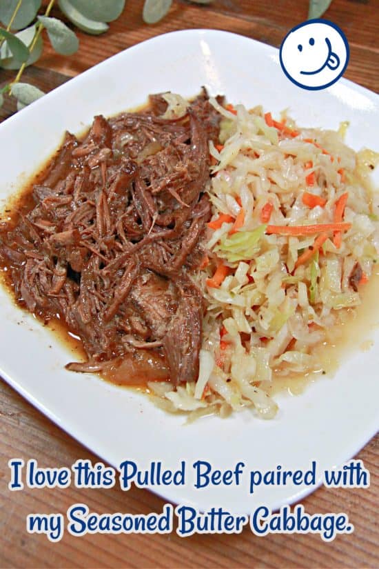 Slow Cooker Pulled Beef is great in tacos, over mashed potatoes, or with a side of Seasoned Butter Cabbage.