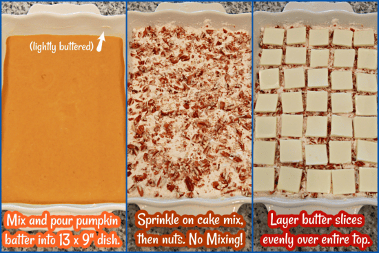 Pumpkin Spice Dump Cake is easy to make -- layer by layer.