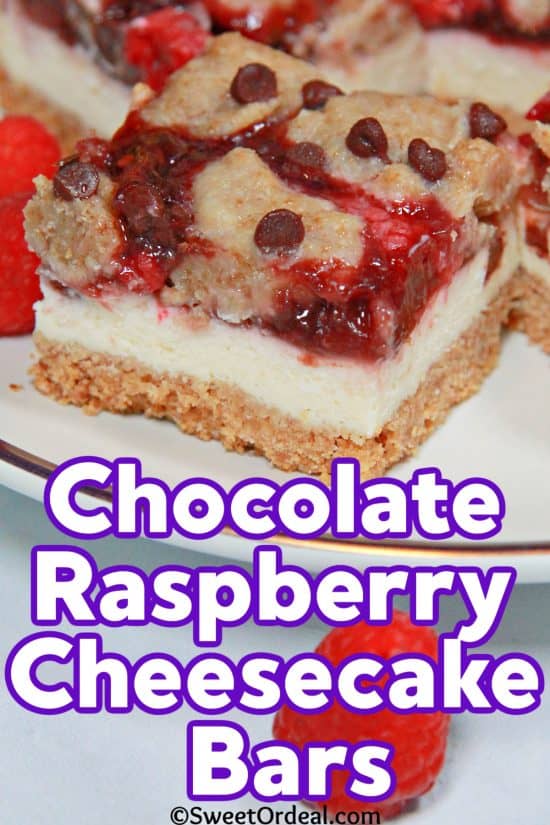 Chocolate Raspberry Cheesecake Bars have cream cheese, sweet jam, indulgent chocolate chips, and a buttery graham cracker crust.