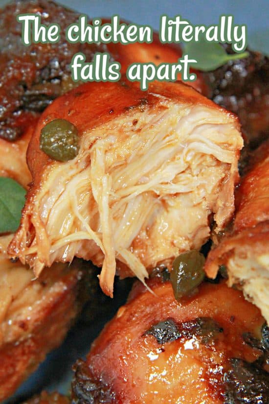 Capers and green olives give a savory profile to compliment the sweet prunes and brown sugar.
