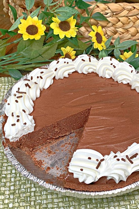 A chocolaty dessert with a piece of silky deliciousness missing.