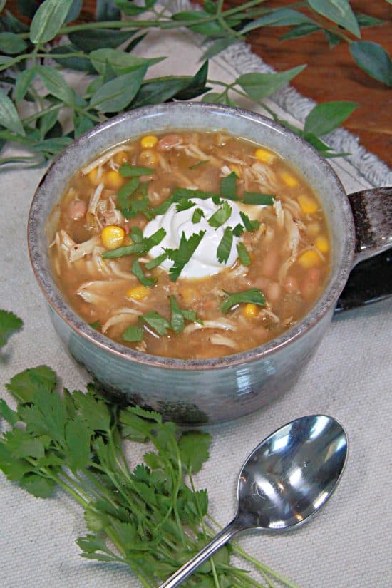 A delicious bowl of tender, fall-apart breast meat, Navy beans, corn, and broth perfectly seasoned.