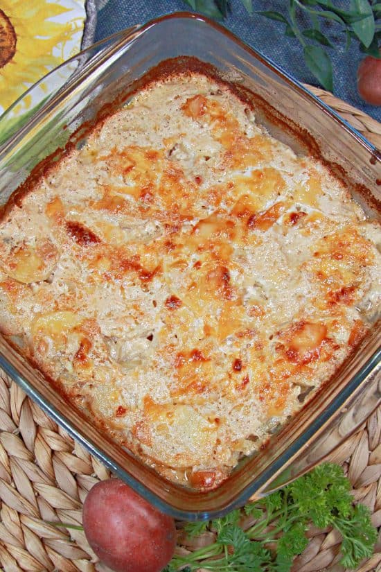 Classic Potatoes Au Gratin is easy to make and can easily be doubled into a 13x9" dish.
