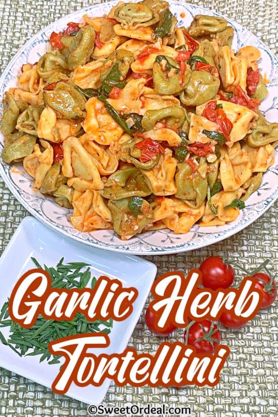 Garlic Herb Tortellini is creamy and delicious with cherry tomatoes and baby spinach.