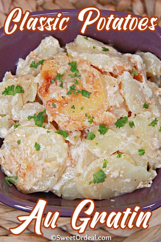 Each potato slice is smothered in white Cheddar cheese, Parmesan cheese, onions, and butter.