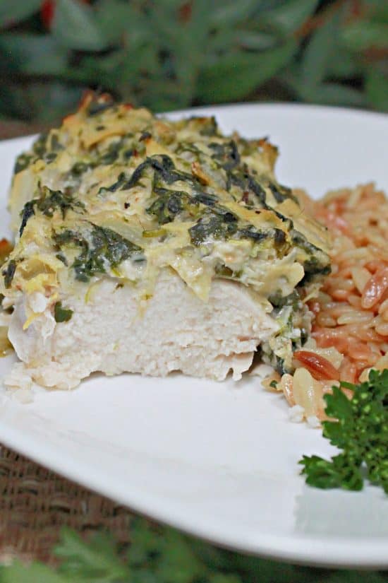 Spinach Artichoke Chicken Bake is creamy, dreamy, and a great way to sneak greens into your meal.