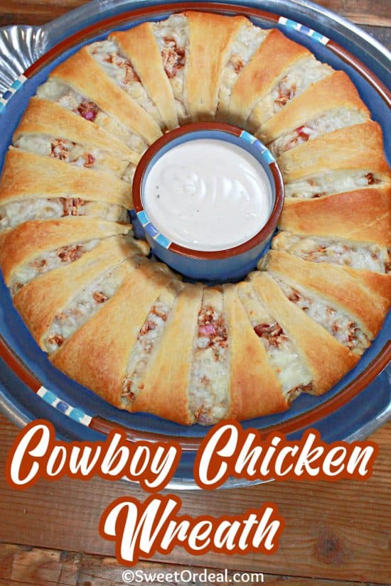 Cowboy Chicken Wreath has tender shredded chicken, tangy BBQ sauce, onion, and melty mozzarella.