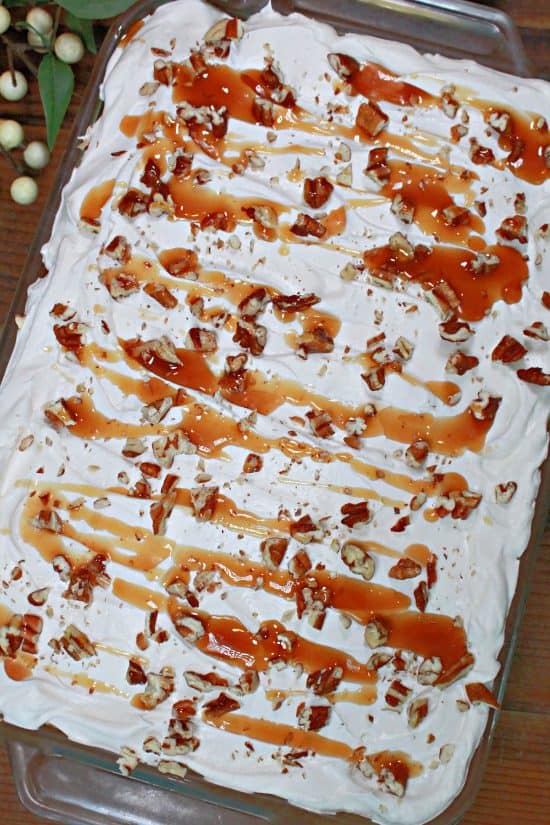 A delicious layered dessert topped with whipped topping, salted caramel sauce, and toasted chopped pecans.