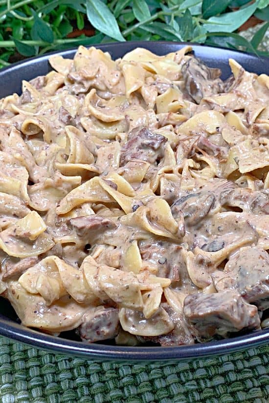 Tender chunks of beef, mushrooms, and pasta in a creamy sauce made in your crockpot.