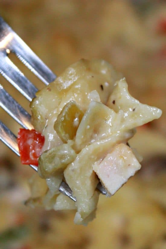 Texas Turkey Tetrazzini has a creamy texture, vibrant veggies, smoky bacon, and a little kick from some Hatch green chiles.