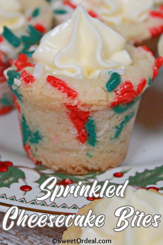 Sprinkled Cheesecake Bites are a quick and easy dessert that you can deliciously customize with colored sprinkles to whatever theme.