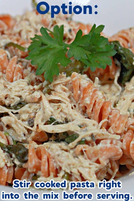 Slow Cooker Chicken Caesar can be served a variety of ways: over pasta, rice, or potatoes, among others.