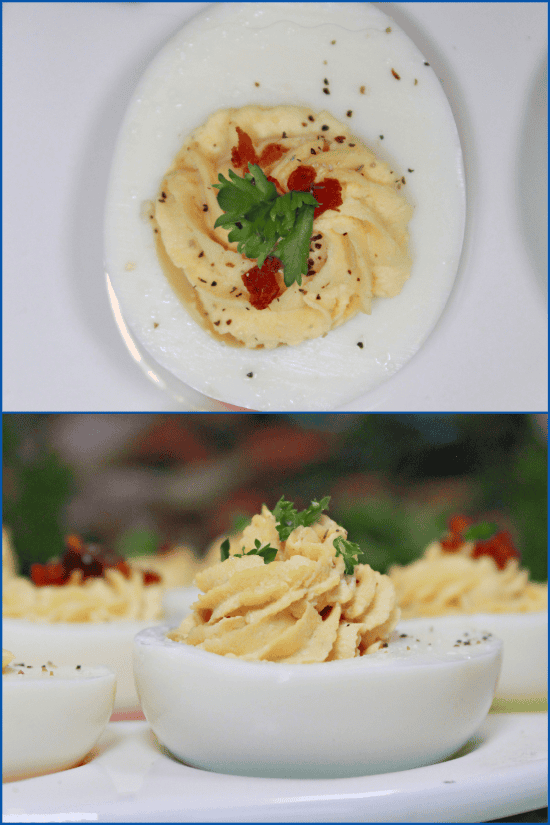 Classic Deviled Eggs are creamy, tangy, and perfectly seasoned topped with bacon, scallions, chives, hot sauce, and fresh cracked pepper.