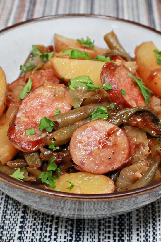 Sausage, potatoes, and green beans gives a buttery, smoky, and savory vibe to this dish.