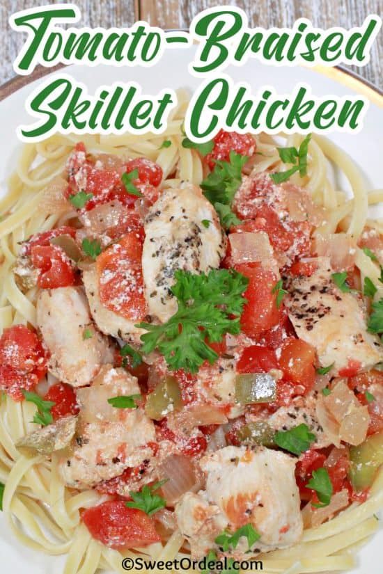 Tomato-Braised Skillet Chicken is a quick, cozy dinner made with tender chicken, simple spices, tomatoes, and a creamy yogurt finish.