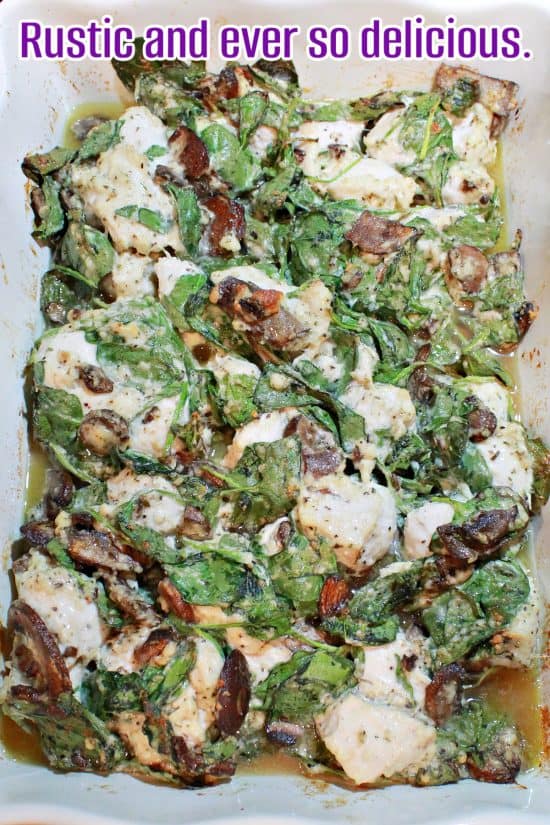 Spinach and mushrooms mixed in with chunks of tender meat in a creamy sauce.