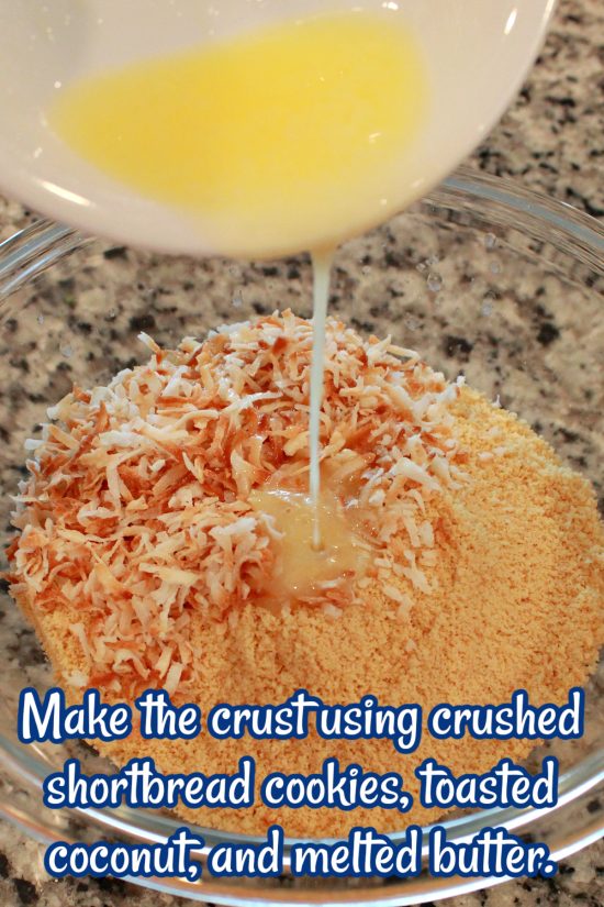 No Bake Lemon Chiffon Cheesecake starts with an easy crust made with toasted coconut, crushed shortbread cookies, and melted butter.