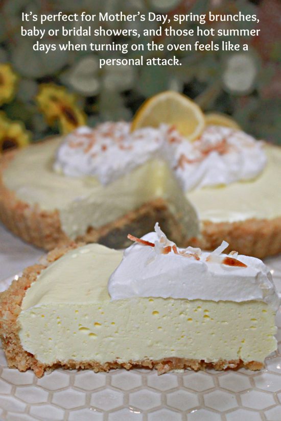 A buttery crust made with toasted coconut and shortbread cookies filled with a light and refreshing lemon delight.