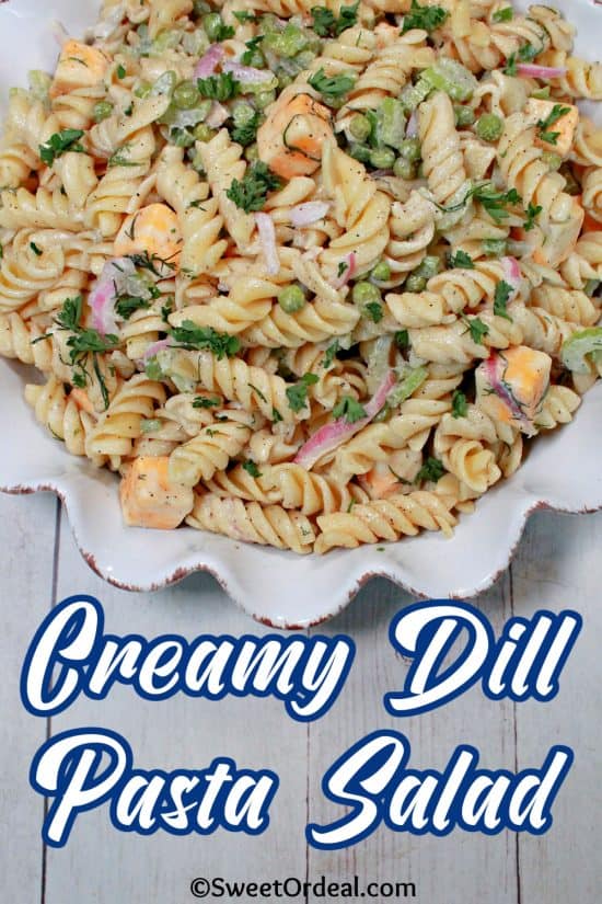 Creamy Dill Pasta Salad has a tangy dressing that soaks into every twist of pasta, crisp veggies, and it feeds a crowd.