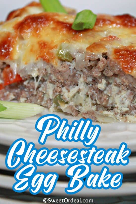 Philly Cheesesteak Egg Bake is loaded with ground beef, bell peppers, onions, mushrooms, melty cheese, and an egg custard holding it all together.