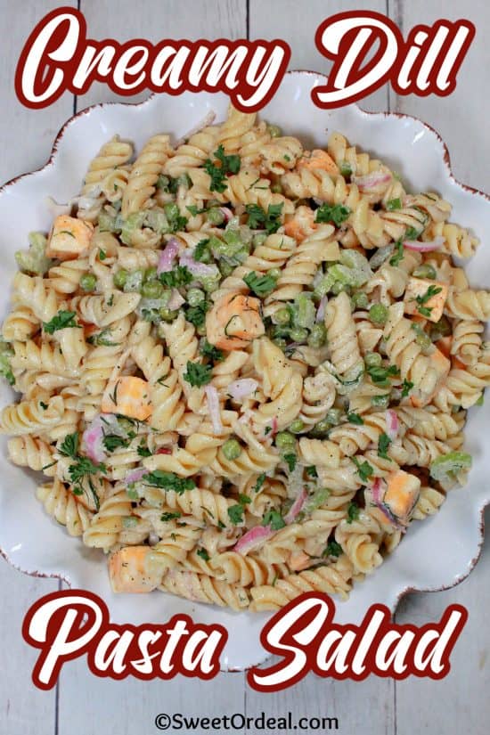 Creamy Dill Pasta Salad has crisp veggies, tender pasta, and cheese, all tossed in a tangy, herby dressing.