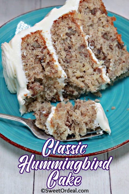 Classic Hummingbird Cake is flavored with banana, pineapple, and toasted pecans with a cream cheese frosting.