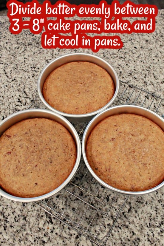 Three cake layers flavored with banana, pineapple, and toasted pecans cooling in their pans.