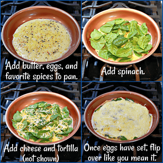 Easy step-by-step for making a morning meal of eggs, cheese, spinach, and a tortilla.