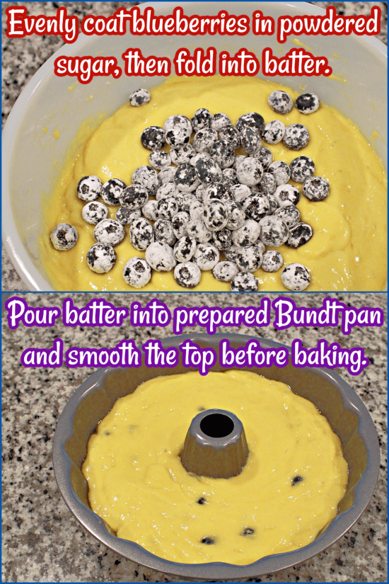 Powder sugar coated blueberries folded into cake batter, then smoothed on top in Bundt pan.