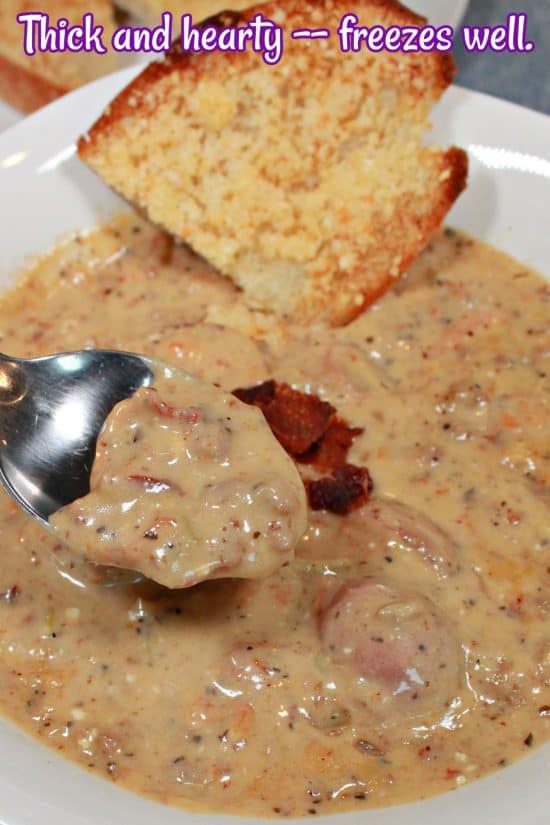 A thick and hearty soup loaded with veggies, Velveeta, ground beef, bacon, and little baby potatoes.