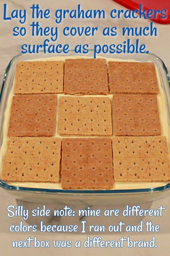 Graham crackers laid out to form a layer over creamy pudding, then topped with cherry pie filling in this chilled dessert.