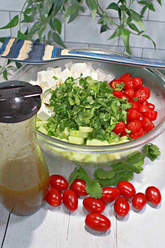 Cilantro, cucumbers, tomatoes, and panela cheese doused in a delicious dressing.