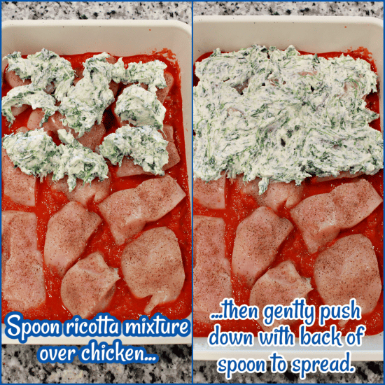 Your favorite marinara sauce with seasoned chicken covered with a creamy ricotta and spinach mixture.
