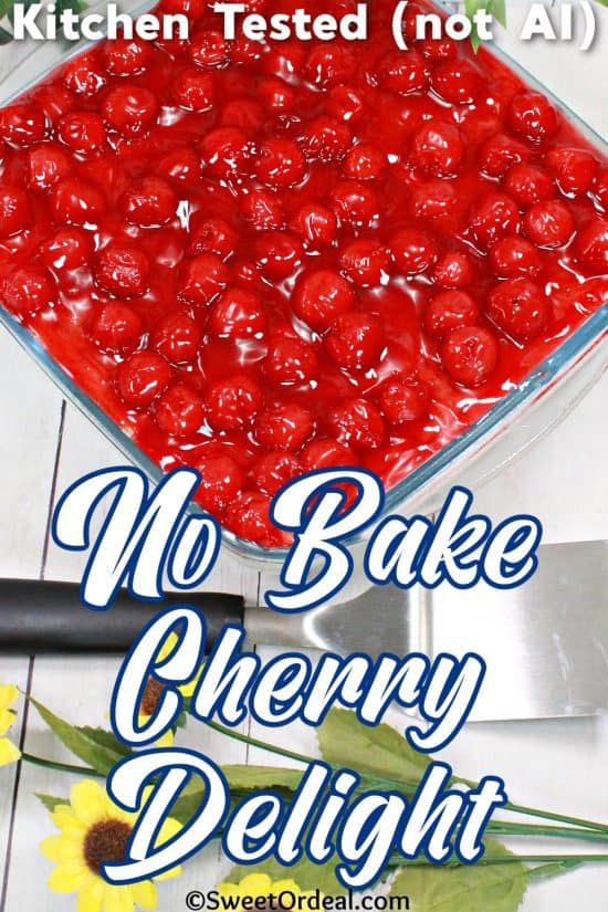 No Bake Cherry Delight is a layered dessert made with graham crackers, creamy pudding, and sweet cherry pie filling.