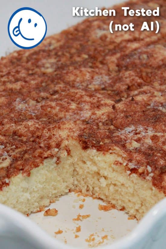 A delicious dessert that is somewhere between a snack cake and a coffee cake.