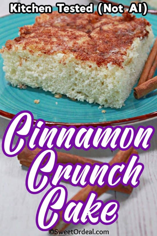 Cinnamon Crunch Cake is a soft, buttery vanilla cake topped with sugary cinnamon and nuts.