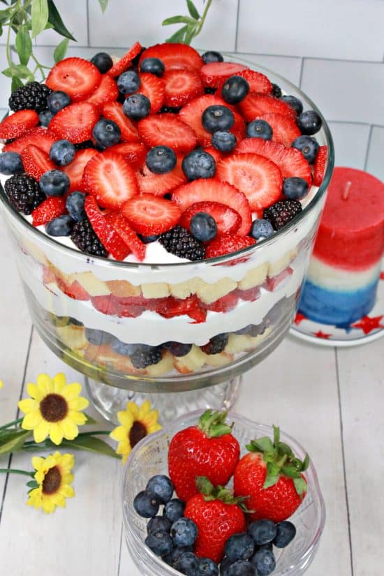 Fresh berries with buttery pound cake and a cream filling in patriotic colors of red, white, and blue.