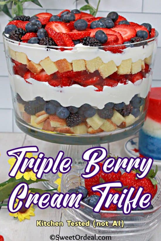 Triple Berry Cream Trifle is a layered dessert made with buttery pound cake, fresh berries, and a delicious cream cheese filling.