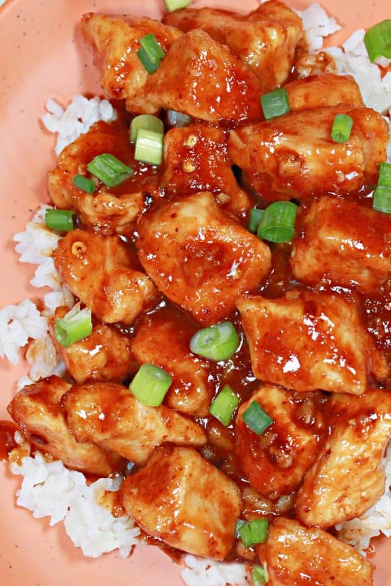 Cubed chicken in a delicious sauce of sweet heat and serious flavor.