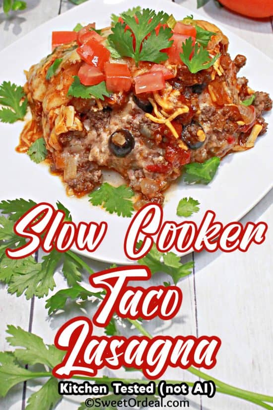 Slow Cooker Taco Lasagna has all the Mexican comfort foods in one. Cheesy, saucy, and loaded with flavor.