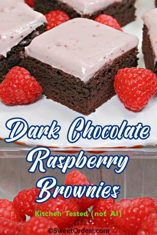 Dark Chocolate Raspberry Brownies are thick and fudgy, perfectly paired with a cream cheese frosting infused with raspberry jam.