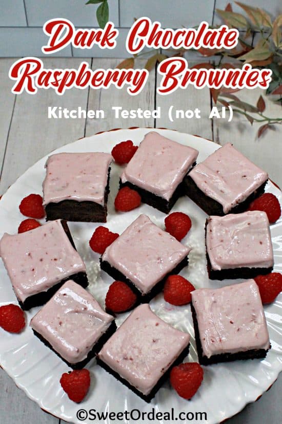 Dark Chocolate Raspberry Brownies are easy to make from a cake mix, frosted with a delicious cream cheese frosting.
